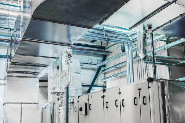 Side view of the huge industrial air handling unit in the ventilation plant room